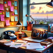 A vintagestyle office setting is depicted with a large wooden desk cluttered with papers notebooks and a vintage rotary phone In the background a window reveals a twilight sky painted in shades of orange and purple hinting at the end of a day A cork-1
