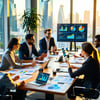 The image depicts a bustling corporate office environment on a late afternoon with a large glass window showcasing a city skyline illuminated by the warm glow of the setting sun Inside a diverse group of professionals including men and women of vario-1