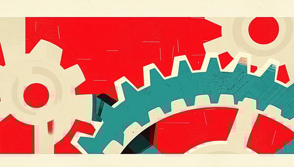 flat image of gears turning1 with colors red teal beige-1