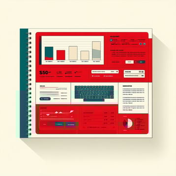 monthly subscription with teal red and beige technical theme