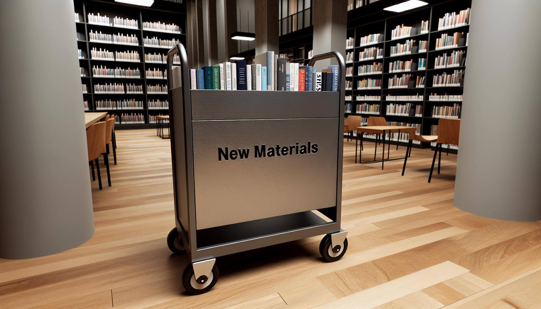 A cart labled "New Materials" sitting in a modern library.