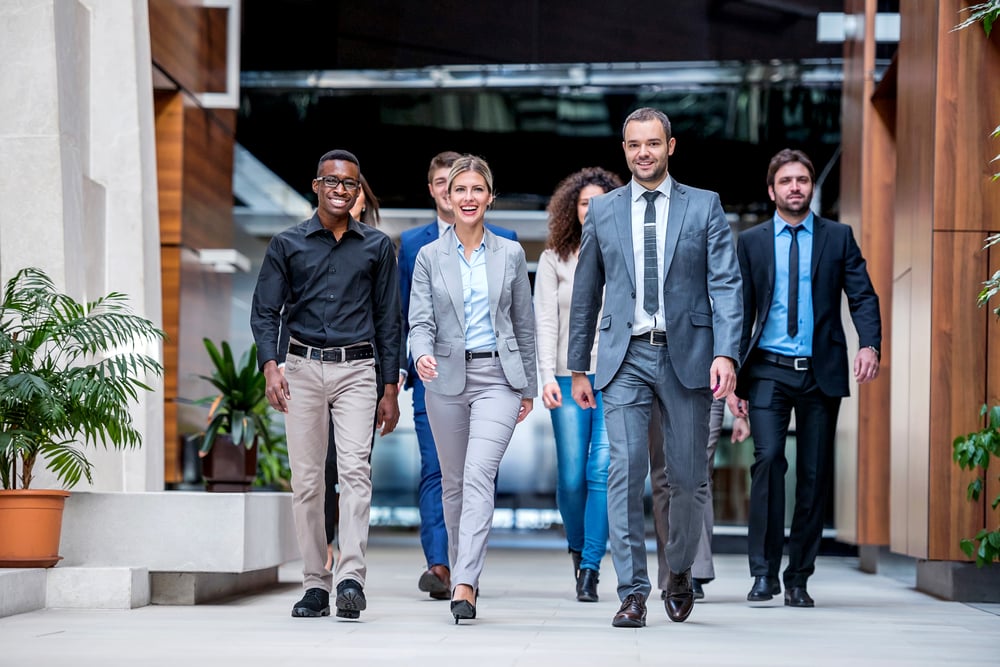 young multi ethnic business people group walking standing and top view